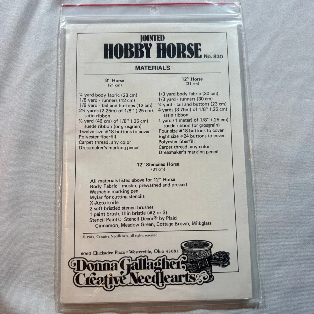 Donna Gallagher Creative Needlearts Jointed Hobby Horse Sewing Pattern 830 1983
